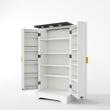Armoire de cuisine avec éclairage LED à capteur et étagère à épices, grande armoire à double porte avec étagères réglables et design de porte moderne – Blanc, 120 x 60,5 x 40 cm (1/5)