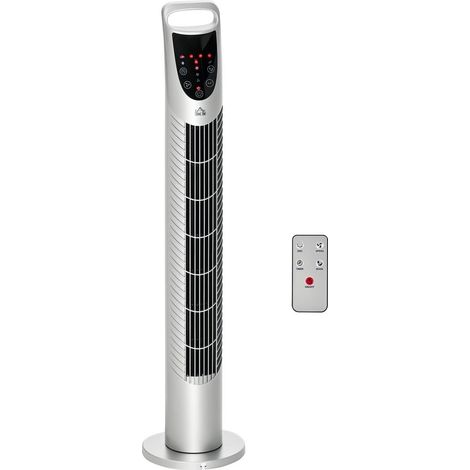 Ventilateur colonne vertical – 40 W – Télécommande – 3 vitesses – Minuterie 7,5 h – Ø18 x 78,5 cm – Argent (1/5)