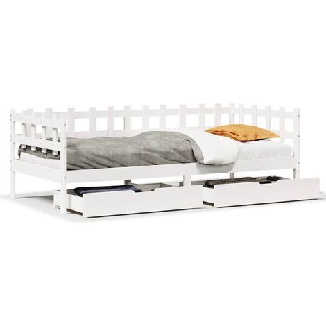Canapé-lit avec tiroirs, matelas non inclus, blanc, 80x200 cm, bois massif. (1/5)