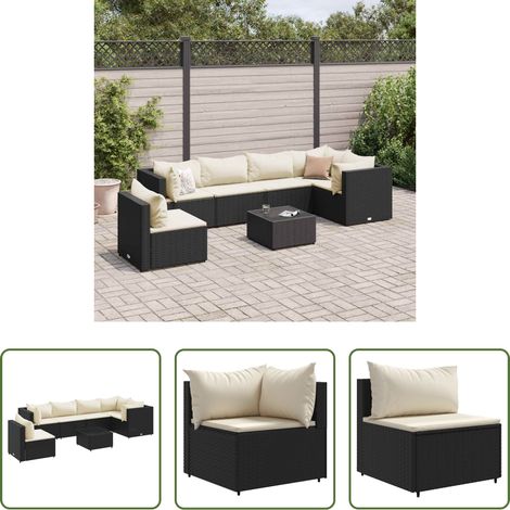 vidaXL Rattan - 7-tlg. Garten-Lounge-Set mit Kissen Schwarz Poly Rattan (1/5)