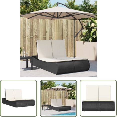The Living Store Chaise longue double avec coussins noir résine tressée - Chaises Longues Doubles - Transats - Lit De Bronzage - Mobilier De Jardin - Chaises Extérieures (1/5)