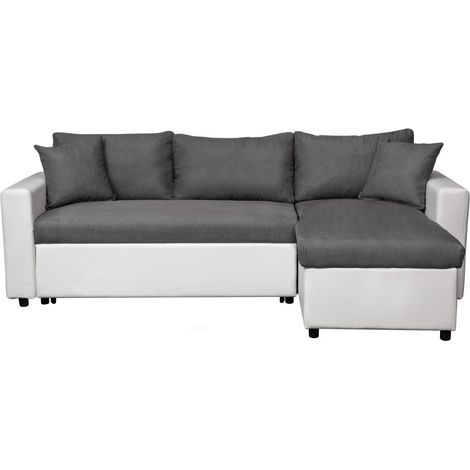 Canapé d'angle 4 places Convertible et Réversible MARIA en simili et microfibre - Blanc/Gris