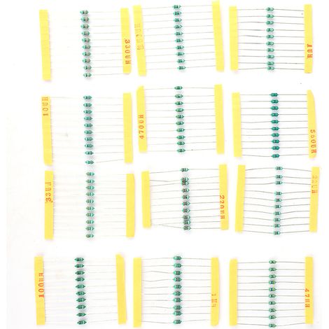 Set mit 120 1/4 W Induktivitäten mit Farbring, 12 Induktivitätswerte (1 µH bis 1 mH). (1/5)