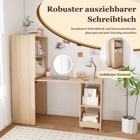 Bureau extensible avec caisson de rangement, bureau pliant gain de place avec étagères réglables et plateau extensible, chêne clair naturel, pour chambre et bureau (bureau de travail) (1/5)