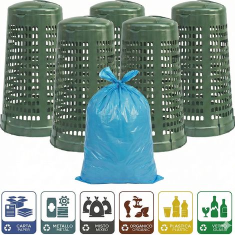 Set 5 Trespolo Porta Sacco 100 Litri Verde Traforato con Coperchio e Fermasacco + 20 Sacchi e 6 Etichette Adesive Bidone Spazzatura per Raccolta Differenziata Giardino Esterno isola ecologica pronta a