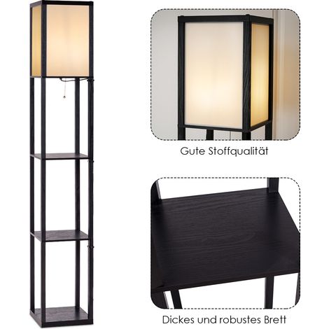 Bibliothèque lampadaire beige 2 en 1 en MDF avec 3 étagères ouvertes et abat-jour en toile pour salon, chambre et bureau (1/5)