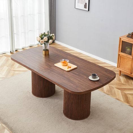 Table de salle à manger ovale moderne avec pied central cannelé, plateau en MDF de haute qualité aspect bois, de style Wabi-Sabi et Mid-Century pour la cuisine. (1/5)