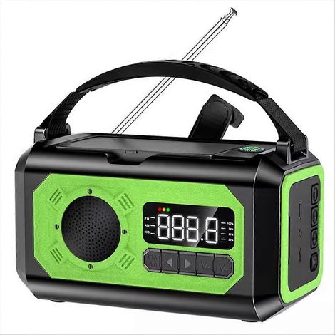 Radio météo solaire à manivelle 12 000 mAh AM/FM/NOAA, alarme SOS d'urgence, lampe de lecture pour le camping et les activités de plein air (vert vif). (1/5)