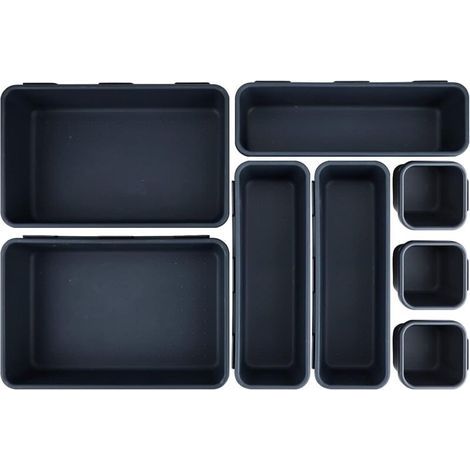Set di 8 organizer in plastica per cassetti con 3 contenitori di diverse dimensioni, ideali per trucco, ufficio, bagno e cucina. (1/5)