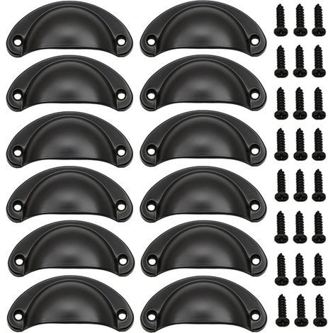 12 Pièces Poignée de Porte Coquille, Rétro Poignées de Porte, Poignées de Meubles Traditionnelles en Demi Lune Avec Vis, pour Tiroir, Armoire, Commode (Noir) (1/5)