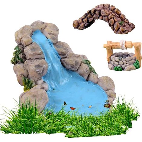 Paquete de 3 accesorios de jardín de hadas que incluyen puente de jardín de hadas en miniatura, mini fuente de agua, adornos de estanque en miniatura, linda decoración de paisaje de césped de jardín d (1/5)