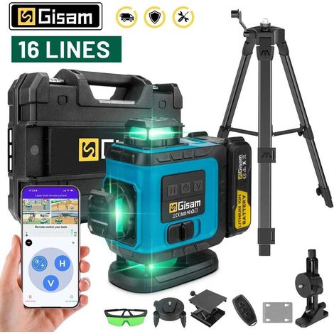 Niveau laser 4D à 16 lignes avec trépied, outil de mesure professionnel horizontal et vertical à 360°, 2 batteries. (1/5)