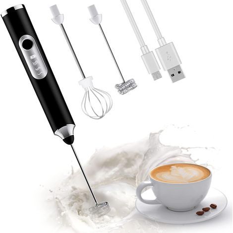 Mousseur à lait électrique avec 2 têtes, fouet mélangeur à mousse avec USB rechargeable 3 vitesses, mélangeur de mousse pour latte, cappuccino (1/5)