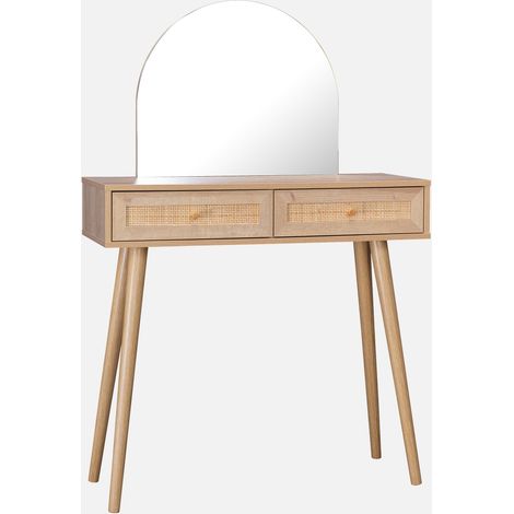 Tavolo da trucco con specchio arrotondato in legno intrecciato e 2 cassetti (1/5)