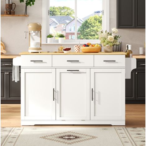 Isla de cocina móvil con tablero abatible, 3 cajones y tomas USB, blanca y natural HAVRYA (1/5)