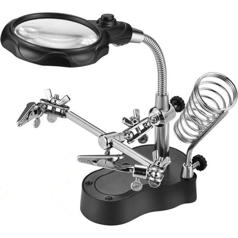 Troisième Main avec loupe auxiliaire, Station de loupe pour soudage, Soudure Loupe en Verre auxiliaire avec éclairage LED Outils de réparation de Soudure de Table pour travaux de réparation (1/5)