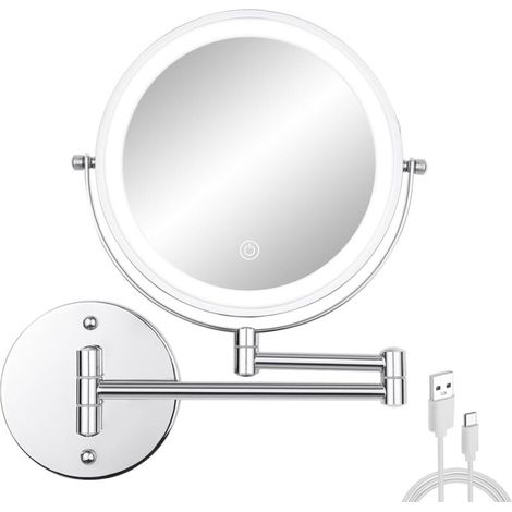 Specchio da trucco a parete con luci, 20 cm, a doppia faccia, ingrandimento 1x/10x, specchio da barba ingranditore per bagno con 3 luci colorate, specchio cosmetico estensibile ricaricabile (1/5)