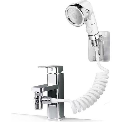 Cabezal de ducha de mano de tres chorros para baño, con manguera telescópica y soporte cabezal de ducha con desviador de tres vías. (1/5)
