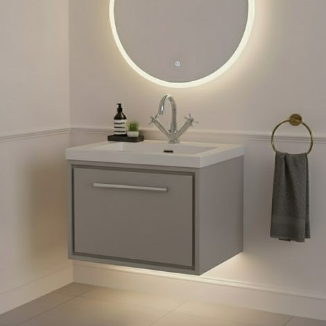 Hudson Reed Lille Wall Hung 1-Drawer Vanity Unit with 1TH Contemporary Basin 600mm Wide - Pebble Grey (1/5)