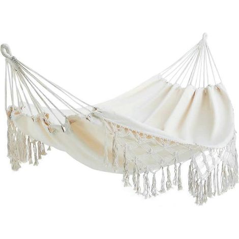 Hamac de jardin double pour 2 personnes avec pompons tissés à la main (beige, 260 x 150 cm, 204 kg) (1/5)