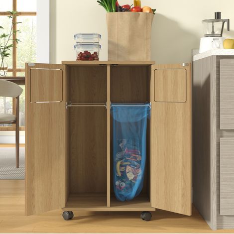 Mülleimerschrank mit 2 Fächern und Rollen, Eichenoptik, MDF, 46,7 x 35 x 80,3 cm, OKWISH (1/5)