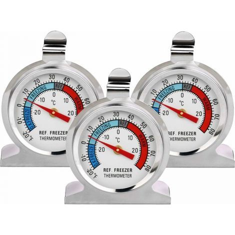 Set di 3 termometri da frigorifero e congelatore in acciaio inox con quadrante grande, completi di gancio e supporto. (1/5)