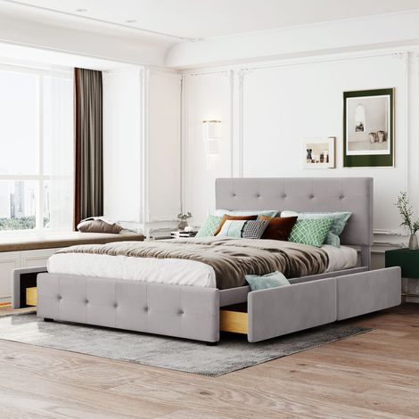 MEUBLIV Bett 140x200 cm grau – 4 Schubladen und Kopfteil, ohne Matratze (1/5)