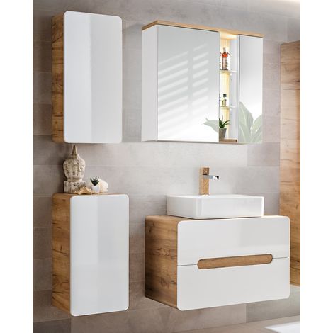 Badmöbel Set mit Keramik-Waschtisch LUTON-56 Hochglanz weiß, Wotan Eiche Nb. B/H/T ca. 130/195/46 cm (1/5)
