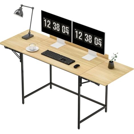 Bureau informatique pliable avec plateaux rabattables 170/135/100 x 58 cm, grande surface pour 2 écrans, style bois clair et métal noir, pour home office CHICFURN (1/5)