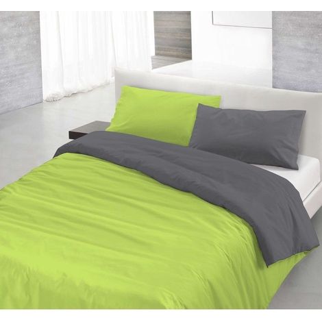 Copripiumino sacco+federa 100%cotone made in Italy 3 misure bicolore tinta unita Verde acido/Fumo - 1 Piazza