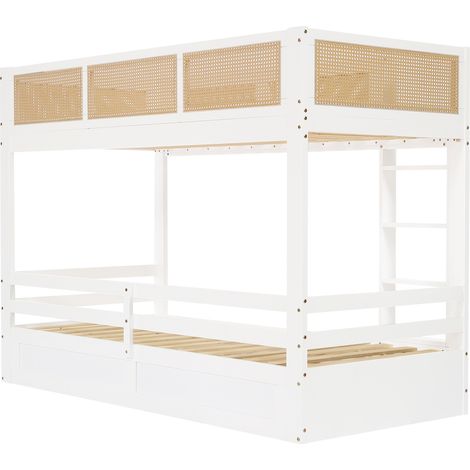 Kinder-Etagenbett 90x200 cm mit 3 Schubladen, Leiter und Absturzsicherung, weiß/natur (1/5)