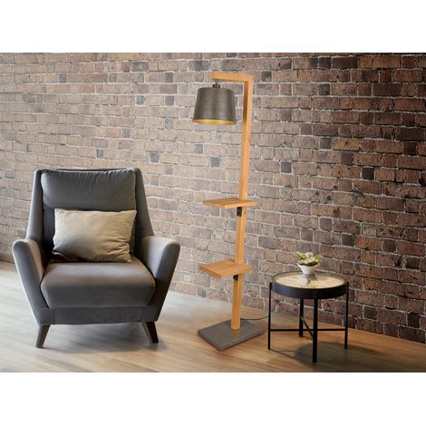 Stehlampe RODRIGO mit Holz Ablage - Metall Lampenschirm Silber, Höhe 165cm (1/5)