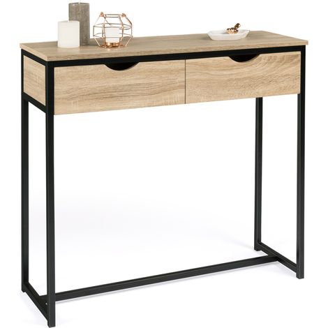 Idmarket – Console 2 tiroirs DETROIT – Design industriel – Structure métal noir – Plateau en bois – Dimensions 90x30x80cm