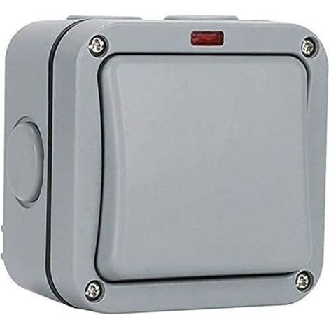 Interrupteur extérieur étanche IP65 - 20A - 90x90x55 mm - Gris - ABS/Silicone - Voyant lumineux - Interrupteur de commande étanche pour jardin, balcon, atelier
