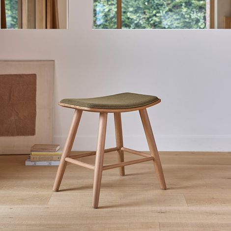 Tabouret en teck massif assise velours côtelé 45 cm (1/5)