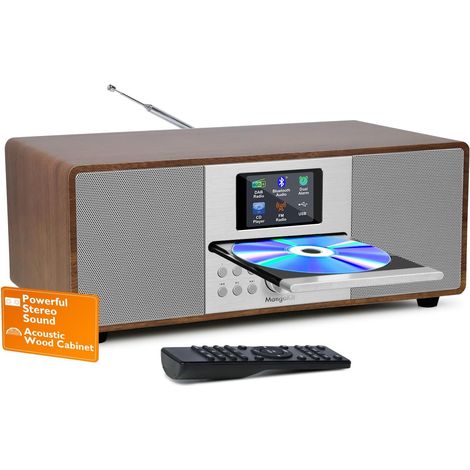 MS4 Lecteur CD, Système HiFi Radio Dab, Bluetooth, Stéréo, Noyer Haut-parleurs crête, coffret bois acoustique, 40 présélections, écran couleur 2,4po, télécommande, égaliseur (1/5)