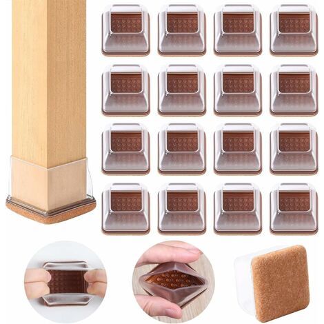Lot de 16 patins de pieds carrés en silicone transparent, protections de sol avec feutre, pas de rayures ni de bruit