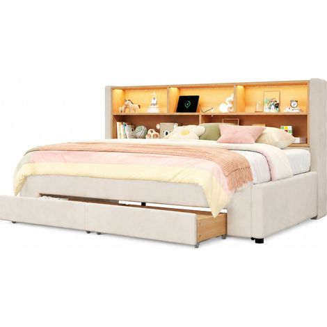 Lit Banquette avec 2 Tiroirs, USB, Type-C et LED, 90 x 200 cm, Extensible 180 x 200 cm, sans Matelas, Beige (1/5)