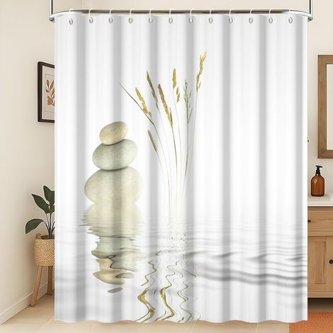 Spa Rideau de Douche Jardin Rideau de Douche Méditation Herbe Sauvage Reflet dans l'eau Rustique Spa Pierre Eau Rideau de Douche Blanc Tissu imperméable et Lavable en Machine 180x200cm (1/5)