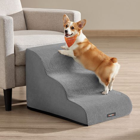 Feandrea Escalier pour Chien, à 3 Marches, Velours Gaufré, Marches pour Chien, Lit, Canapé, Imperméable, Design Antidérapant, Pente Douce, Housse Amovible Lavable, Poignée, Gris Tourterelle PPS013GD01 (1/5)
