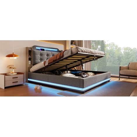 Lit pliant 140×200 cm. LED, rangement hydraulique, nombreux compartiments, USB/Type‑C. Lin gris (pas de matelas) (1/5)