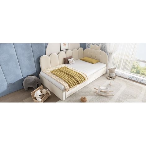 Sofabett 90x200 cm L-Form mit Ausziehbett, Samt Beige, Krone Gitter Design (1/5)