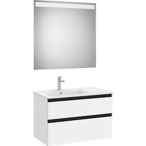 Pack meuble "The Gap" 800 - 2 tiroirs + lavabo slim gauche + miroir LED - blanc mat/poignées noires - Roca (1/2)
