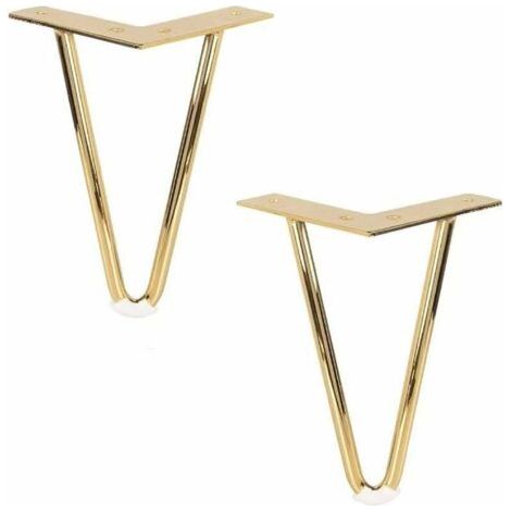 QORVA-10CM Pieds De Meubles en Métal, Lot de 4 Pieds De Table en Épingle à Cheveux en Fer avec Vis,Remplacement Pieds De Lit Métallique pour Canapé Chaise Cabinet Fauteuil Armoire Meuble TV,Doré,Fonep