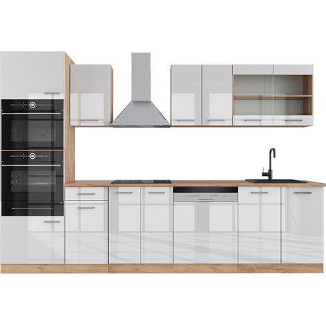 Mueble de cocina R-Line, Blanco brillo intenso/roble dorado, 300 cm con armario alto, ET Roble, Vicco (1/5)