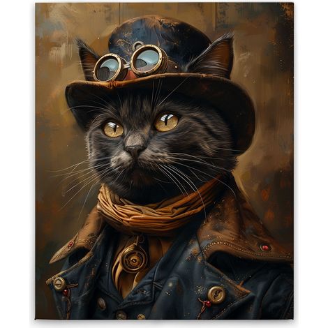 Leinwandbild Steampunk Katze M1-No.52273 - Kunstdruck auf Leinwand in Schwarz Gold - Wandbild 40 x 50 cm (1/5)