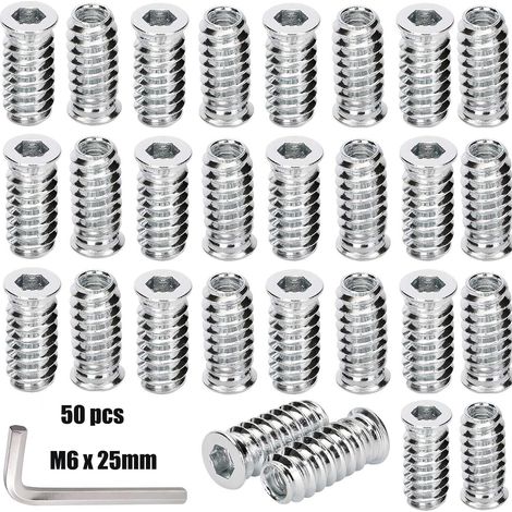 50 Stück M6 x 25 mm Schraubenmuttern, Holzgewindeeinsatz, Innensechskantschraubenhülsen für Holzmöbel, Gewindeeinsatz, Sechskantmuttern, verzinkter Stahl (M6 x 25)