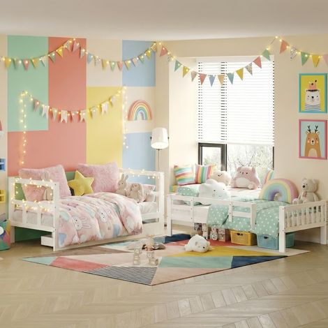 Litera 90x200 cm, cama infantil con 2 cajones, canapé de láminas desmontable, cama 2 plazas, Barrera de seguridad, diseño moderno, Blanco (1/5)