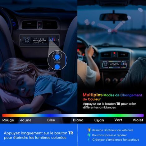 Autoradio Bluetooth avec RDS, port de chargement USB-C, mode lecteur multi-lumière, FM/AM, autoradio 1 DIN avec 2 ports USB/MP3/AUX/carte SD/réglages audio DSP/égaliseur