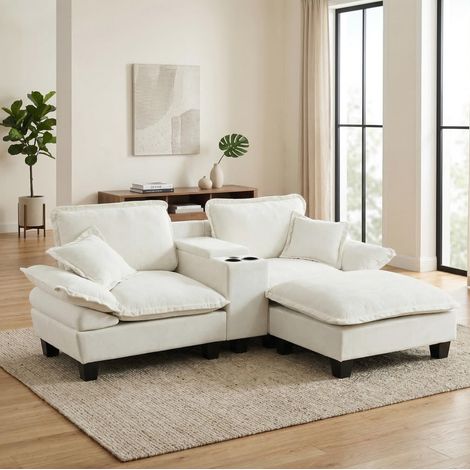 Canapé de esquina modular chenilla beige 224x151x90 cm con otomana, USB, portavasos y almacenaje (1/5)